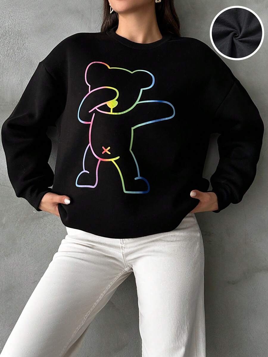 EURMUSE Cartoon Graphic Drop Shoulder Sweatshirt - Black - View 1