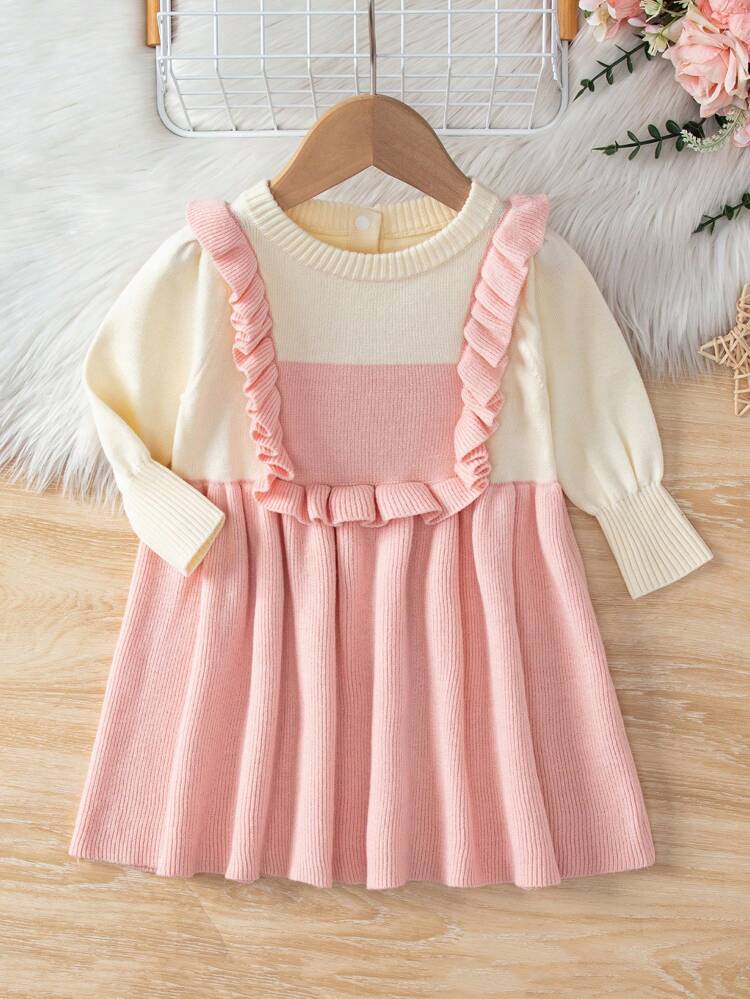 Infant Girls' Color Block Sweater Dress With Frilled Edges