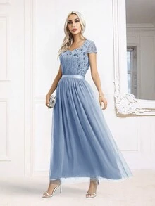 Contrast Lace Mesh Formal Dress - Dusty Blue - View 5