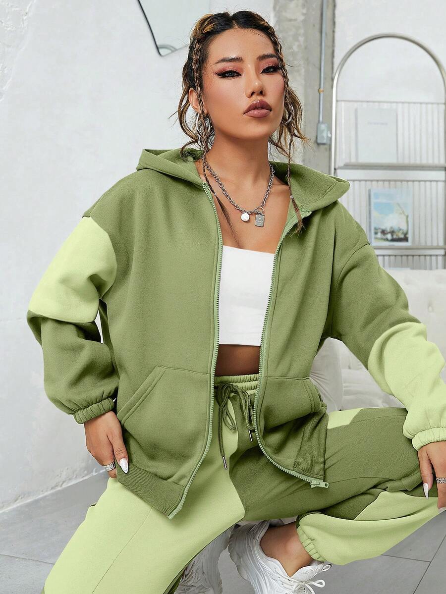 SHEIN EZwear 撞色落肩袖拉鏈連帽衫 - 彩色 - 查看 1