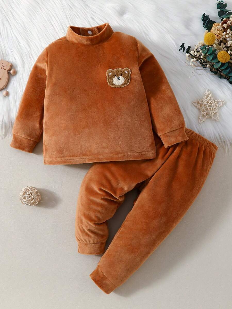 嬰兒男孩水晶超柔卡通熊印花兩件式家居服裝