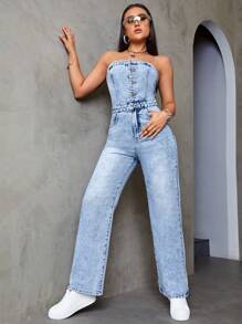 SHEIN ICON Strapless Denim Washed Jumpsuit - Light Wash - View 5
