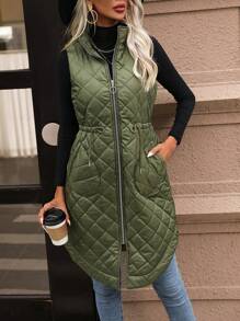 SHEIN LUNE 抽绳腰部拉链背心绗缝棉服外套衣服冬季 - 軍綠色 - 查看 5