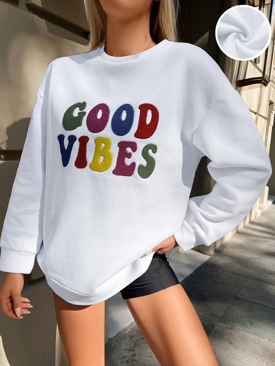 SHEIN PETITE Letter Graphic Drop Shoulder Sweatshirt - White - View 1