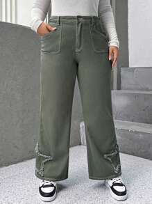 SHEIN EZwear 大碼星星補丁貼頂針闊腿牛仔褲 - 軍綠色 - 查看 1