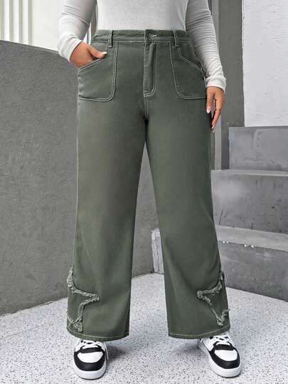 SHEIN EZwear Plus Star Patched Top-stitching Wide Leg Jeans