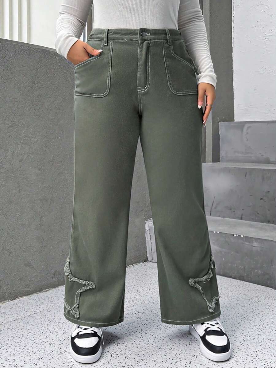 SHEIN EZwear 大碼星星補丁貼頂針闊腿牛仔褲 - 軍綠色 - 查看 1