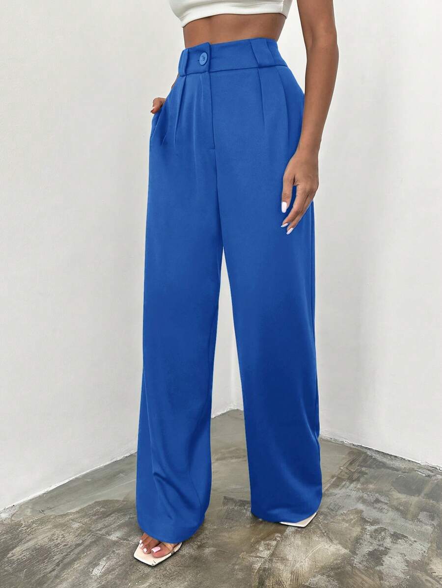 RueChic High Waisted Trousers With Belt And Diagonal Pockets - Blue - View 1