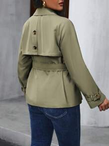 SHEIN LUNE NỮ Đôi ngực Áo khoác Trench - xanh quân đội - Xem 2