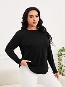 SHEIN Yoga Basic 大碼素色插肩袖運動T恤 - 黑色 - 查看 3