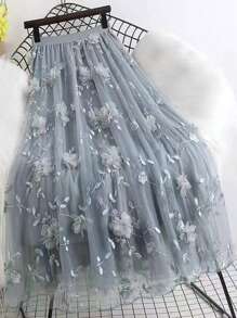 Women's Elegant Mesh Embroidered Floral Skirt, Autumn - Grey - View 1