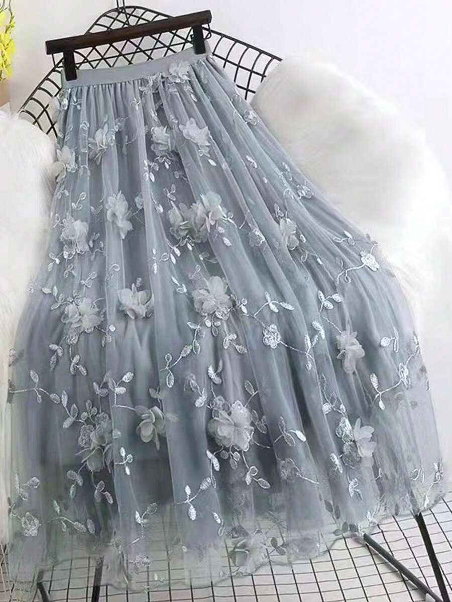 Women's Elegant Mesh Embroidered Floral Skirt, Autumn - Grey - View 1