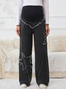 SHEIN Maternity Frayed Denim Jeans - Black - View 1