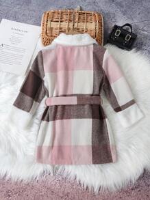 SHEIN Young Girl Plaid Print Borg Collar Belted Overcoat With Belt