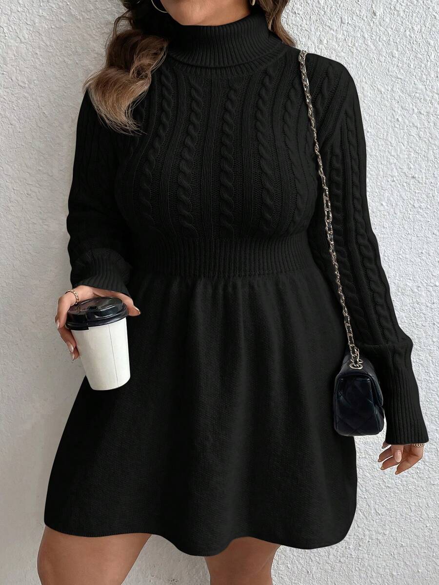 SHEIN LUNE 大碼高領麻花編織毛衣洋裝 - 黑色 - 查看 1