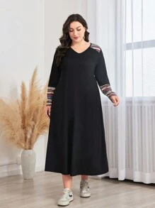 Lacomfia Plus Geo Print V Neck Dress Maxi Women Outfit