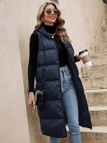 SHEIN Frenchy Solid Drawstring Hooded Puffer Vest Coat - Navy Blue - View 5