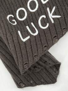 SHEIN Unity Letter Pattern Off Shoulder Asymmetrical Hem Knit Pullover Fall Winter Sweater - Coffee Brown - View 3