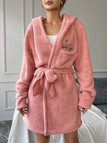 SHEIN Của phụ nữ Thêu Chữ áo có mũ ÁO choàng mặc nhà Với Thắt Lưng - Hồng - Xem 4