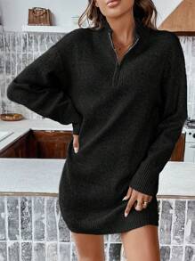 SHEIN Frenchy Quarter Zip Drop Shoulder Sweater Dress - Black - View 1