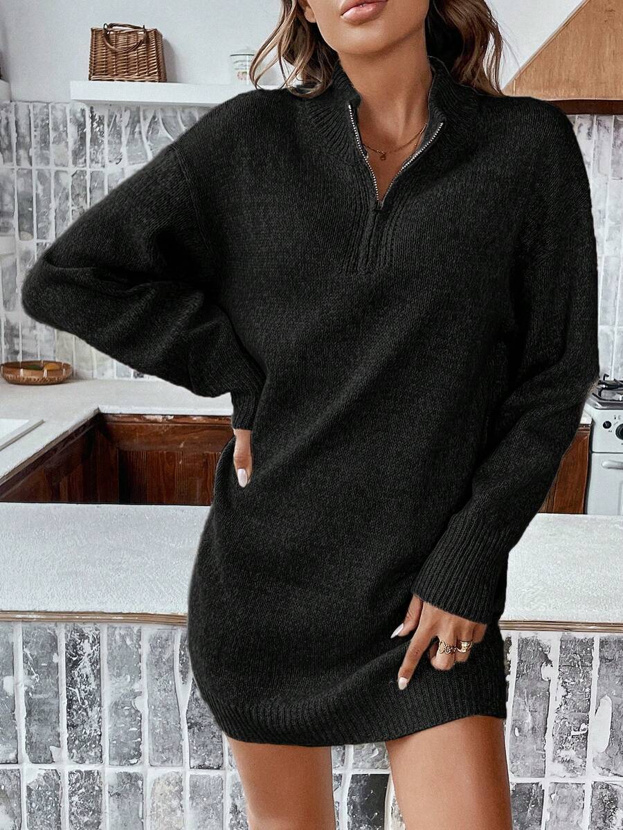 SHEIN Frenchy Quarter Zip Drop Shoulder Sweater Dress - Black - View 1