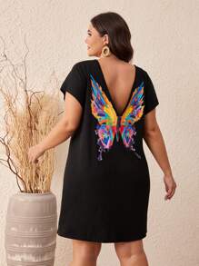 SHEIN VCAY 大码波西米亚风蝴蝶印花蝙蝠袖 T 恤连衣裙 - 黑色 - 查看 2
