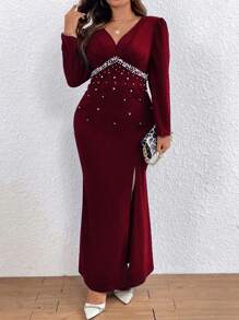 SHEIN Belle 勃艮第红色加珍珠串珠开叉大腿连衣裙 - 酒紅色 - 查看 5