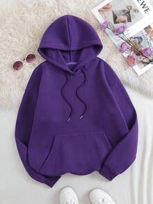 SHEIN EZwear Áo hoodie hở vai in họa tiết hoa và bướm có dây rút có lớp lót giữ nhiệt - Màu tím - Xem 2