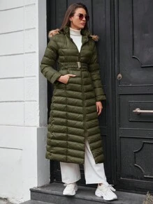 EURMUSE Side Pockets Zipped Hood Puffer Coat - Khaki - View 5