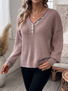 SHEIN Essnce Chi tiết Nút Thả vai Dệt kim Waffle Áo len - Cà phê nâu - Xem 3