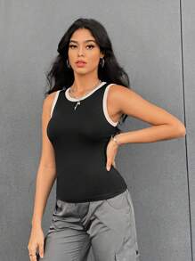 SHEIN Essnce Tương phản ràng buộc Áo ba lỗ - Đen và trắng - Xem 5