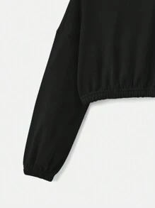 SHEIN 少女圓領長袖純色落肩運動衫，適用於秋冬季節 - 黑色 - 查看 3