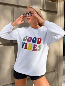 SHEIN PETITE Letter Graphic Drop Shoulder Sweatshirt - White - View 4