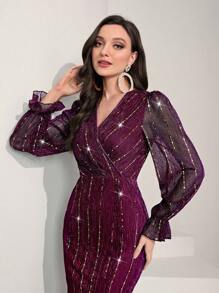 Modelyn 勃艮第红色荷叶边袖美人鱼下摆闪光连衣裙 - 酒紅色 - 查看 5