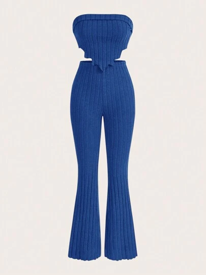 SHEIN EZwear Solid Asymmetrical Hem Tube Top & Flare Leg Pants