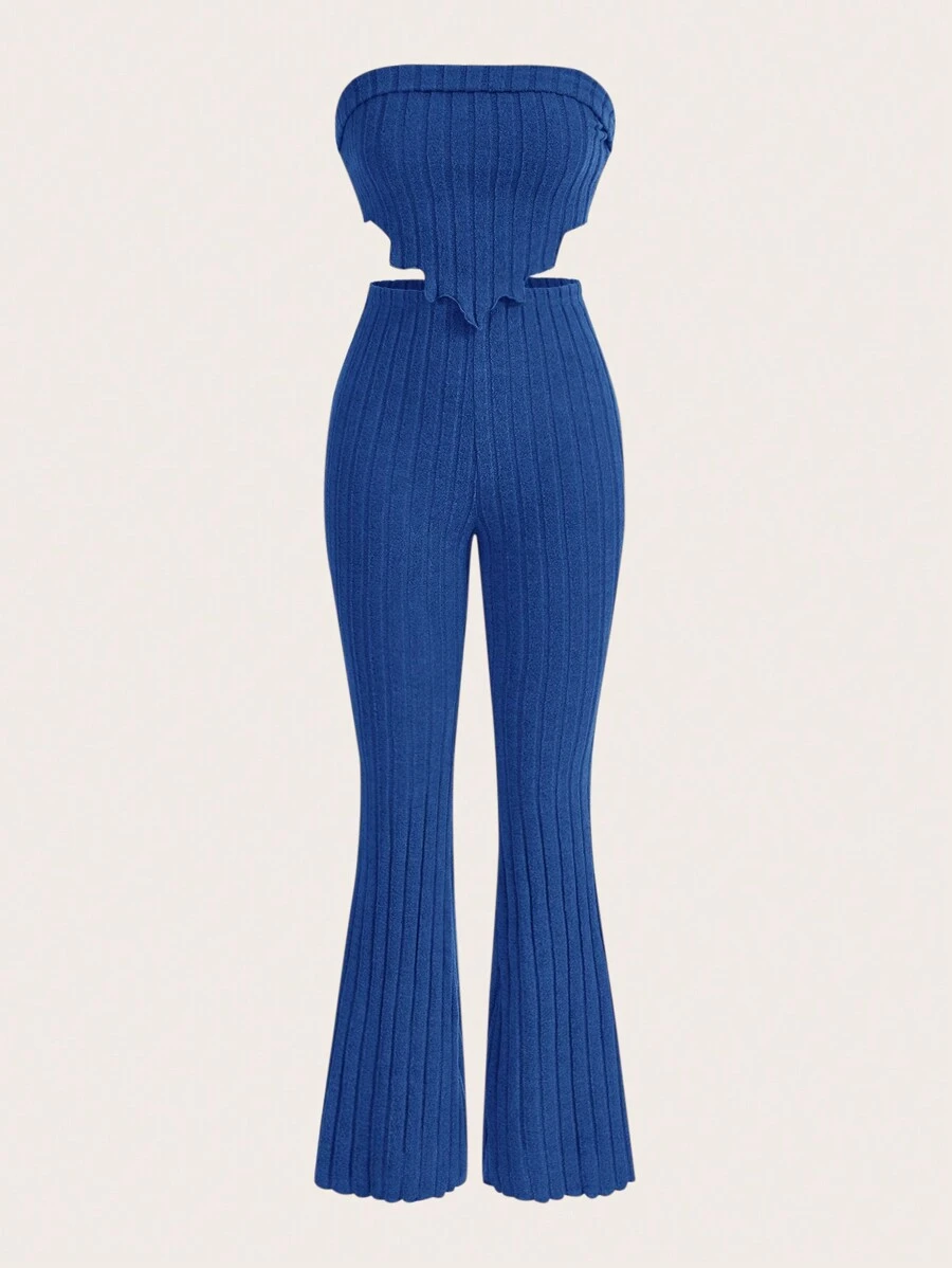 SHEIN EZwear Chất rắn Viền không đối xứng Ống ngọn & Quần ống loe - Xanh đậm - Xem 1