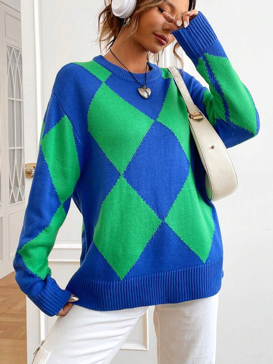 SHEIN EZwear Argyle Pattern Drop Shoulder Sweater - Royal Blue - View 1
