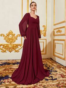 Sweetheart Neck Lantern Sleeve Chiffon Bridesmaid Dress - Burgundy - View 3