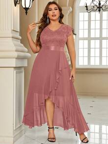 Vestido maxi de gasa con volantes y abertura para mujer de talla grande, vestido de fiesta formal, vestido de invitada de boda - Rosa vieja - Ver 4