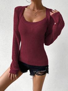 Chiquease 圆领罗纹针织套头衫 秋冬毛衣 - 酒紅色 - 查看 7