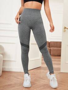 Yoga Basic 無縫高彈性運動打底褲,健身打底褲 - 深灰色 - 查看 2