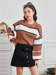 Garota Adolescente Bloco De Cores Ombro Caído Suéter