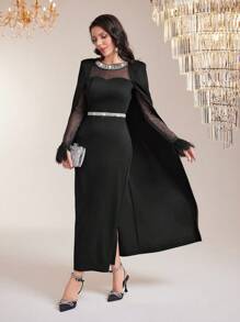 Modelyn Pearl Beaded Mesh Yoke Fuzzy Cuff Cape Dress Without Belt - Black - View 1