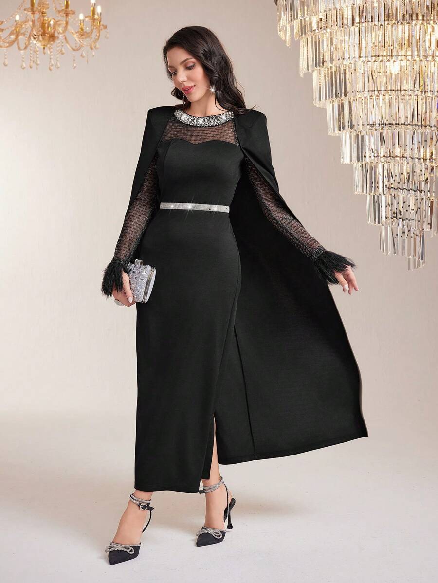 Modelyn Pearl Beaded Mesh Yoke Fuzzy Cuff Cape Dress Without Belt - Black - View 1