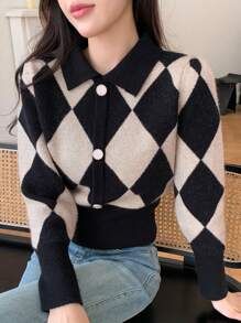 DAZY Diamond Plaid Cardigan Sweater With Front Buttons - Black - View 1