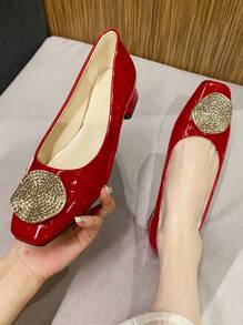 2025 Autumn Fashionable Classic Style Suede Upper With Metal Rhinestone Buckle Square Toe Chunky Heel Flat Shoes For Women - Red - View 4