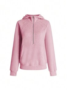 INAWLY Một nửa khóa kéo Túi kangaroo Tay Raglan Áo nỉ - Hồng - Xem 4