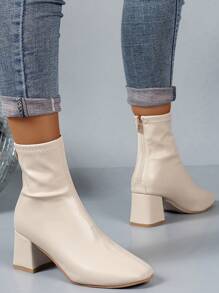 秋冬女士时尚方头粗跟后拉链靴，西部风格，米色和白色可选，白色款过膝，优雅