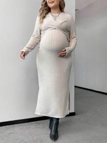 SHEIN 孕婦純色羅紋針織裹身交叉繫帶後開衩下擺連身裙 - 卡其色 - 查看 1