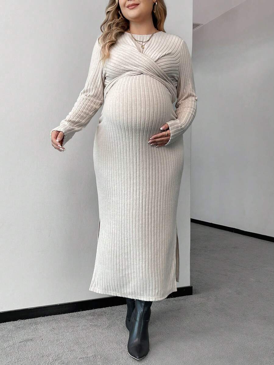 SHEIN 孕婦純色羅紋針織裹身交叉繫帶後開衩下擺連身裙 - 卡其色 - 查看 1